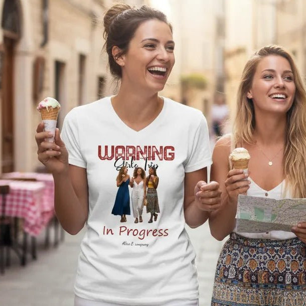 UNISEX V - NECK T - SHIRT (US) Personalized “Warning: Girls Trip in Progress” – Custom Group Photo - Love Life Journey