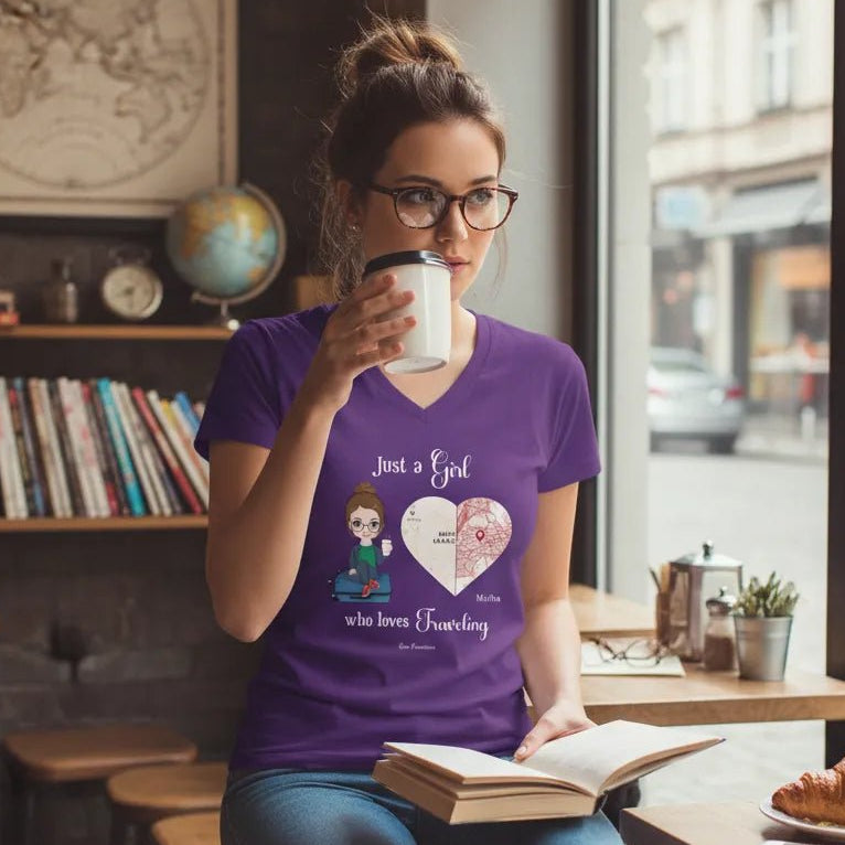 V - NECK T - SHIRT (US) Personalized “Just a Girl Who Loves Traveling” – Custom Name, Cartoon Art & Map Location - Love Life Journey