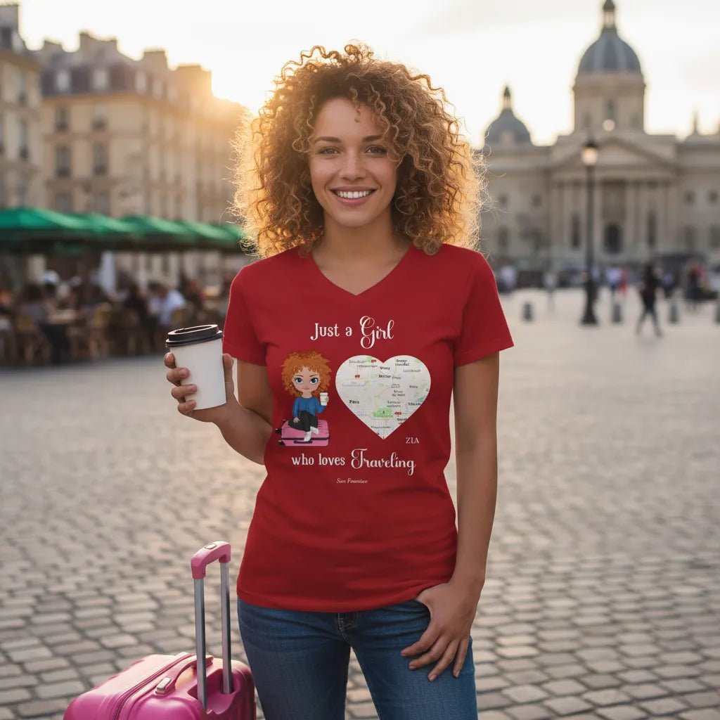 V - NECK T - SHIRT (US) Personalized “Just a Girl Who Loves Traveling” – Custom Name, Cartoon Art & Map Location - Love Life Journey