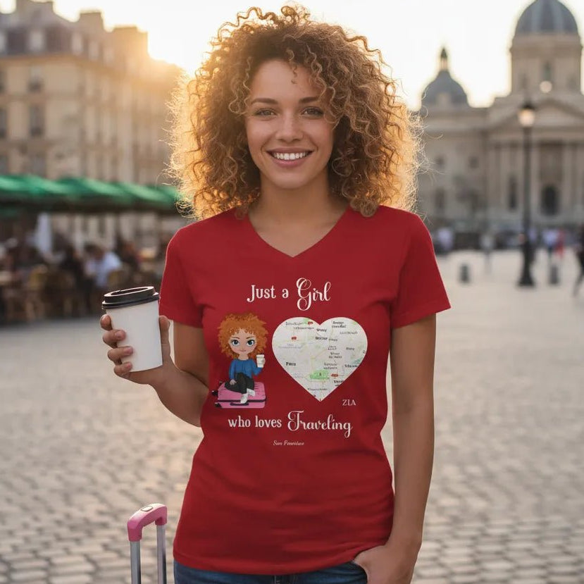 V - NECK T - SHIRT (US) Personalized “Just a Girl Who Loves Traveling” – Custom Name, Cartoon Art & Map Location - Love Life Journey