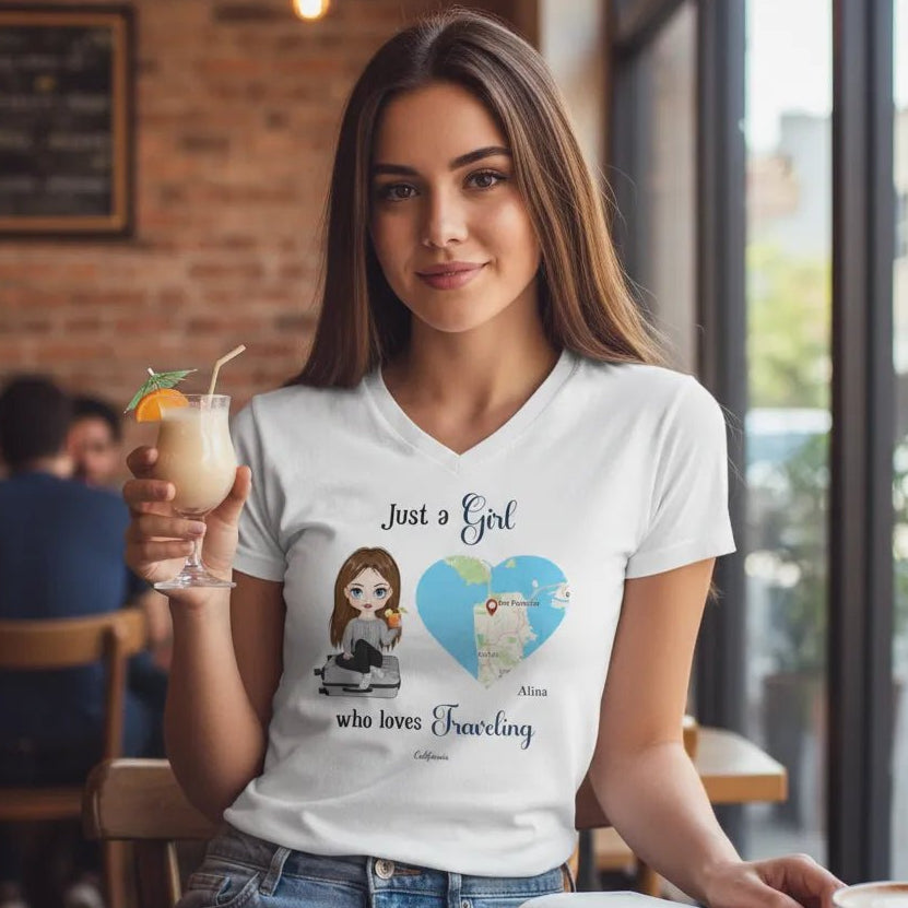 V - NECK T - SHIRT (US) Personalized “Just a Girl Who Loves Traveling” – Custom Name, Cartoon Art & Map Location - Love Life Journey