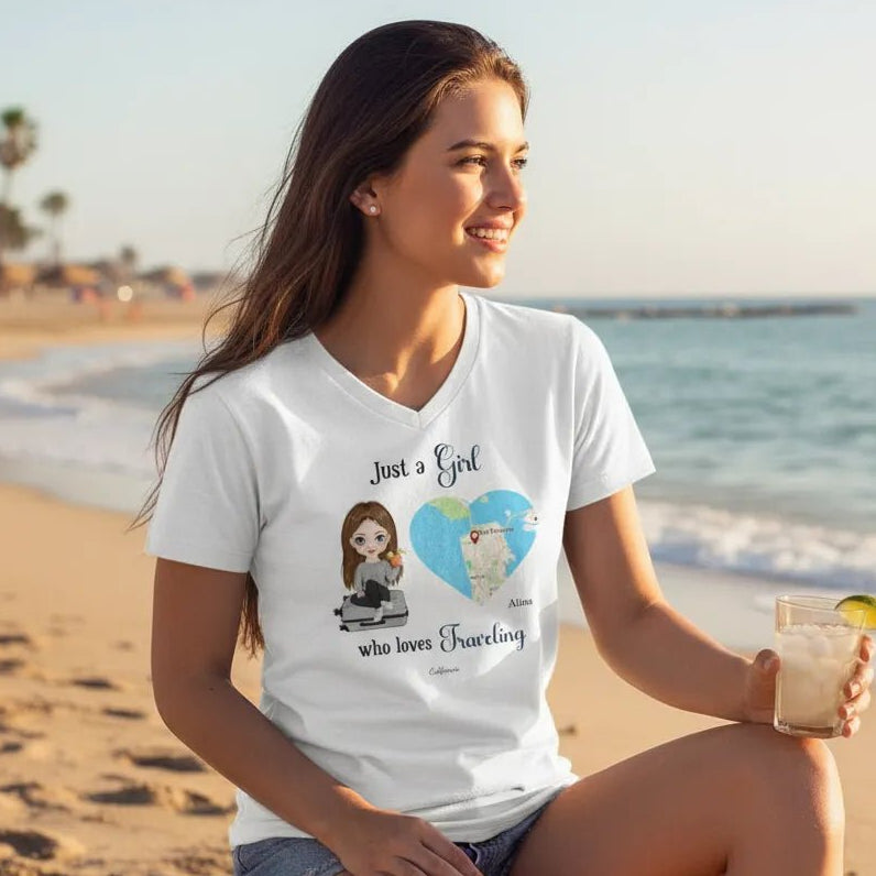 V - NECK T - SHIRT (US) Personalized “Just a Girl Who Loves Traveling” – Custom Name, Cartoon Art & Map Location - Love Life Journey