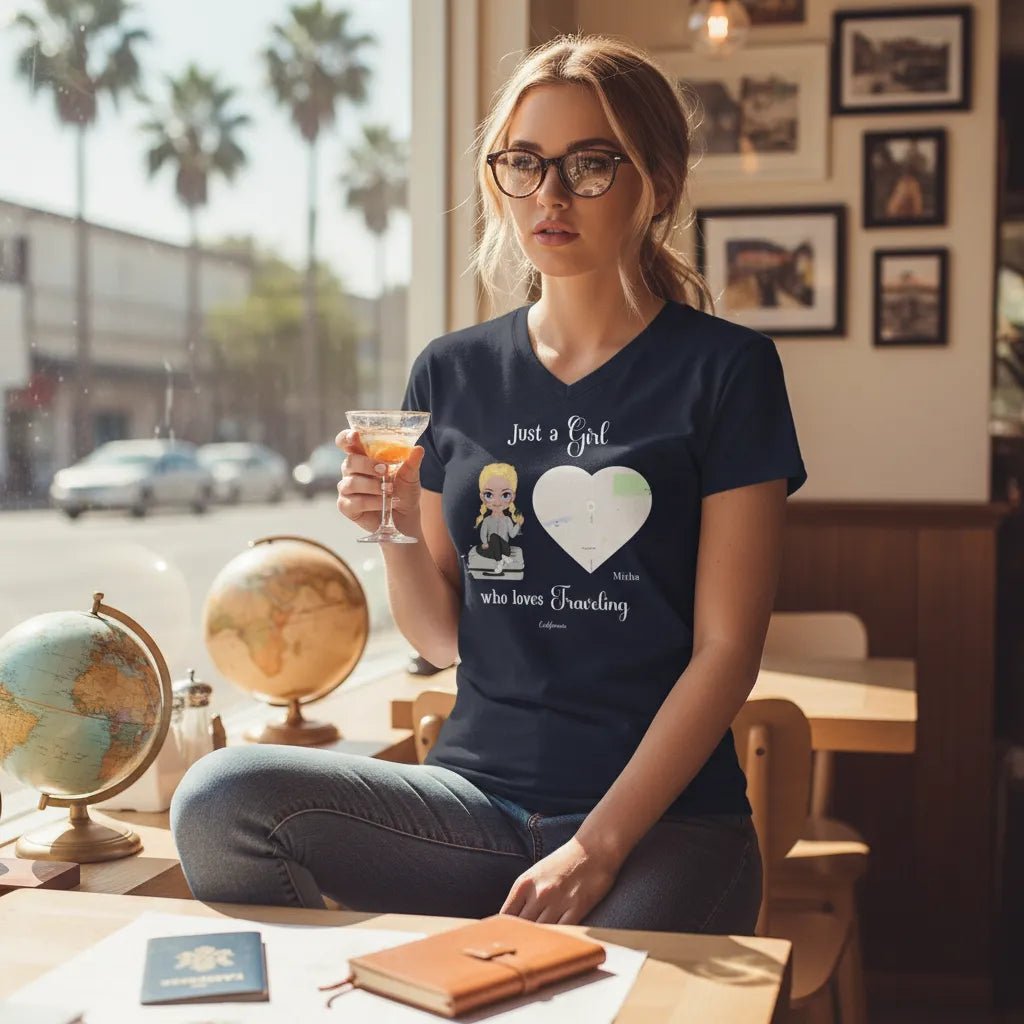 V - NECK T - SHIRT (US) Personalized “Just a Girl Who Loves Traveling” – Custom Name, Cartoon Art & Map Location - Love Life Journey